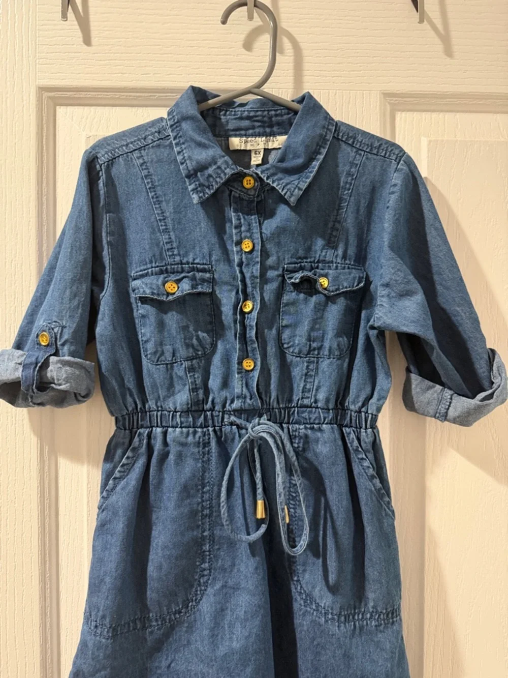 Girls Denim Dress with Drawstring Waist - Dark Blue with gold buttons